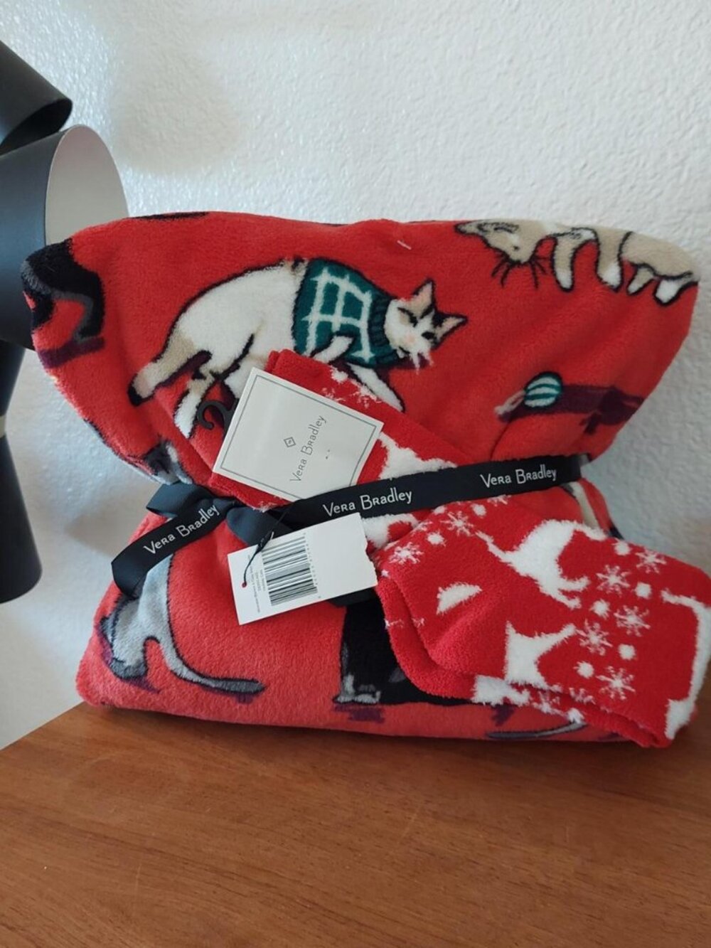Vera Bradley cozy fleece blanket and sock bundle in the festive "Holiday Cats" p